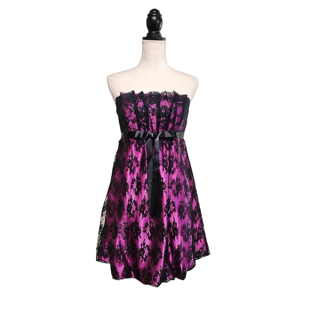 Vtg Jessica McClintock For Gunne Sax Black Lace Fuschia Bubble Hem Dress Size 7